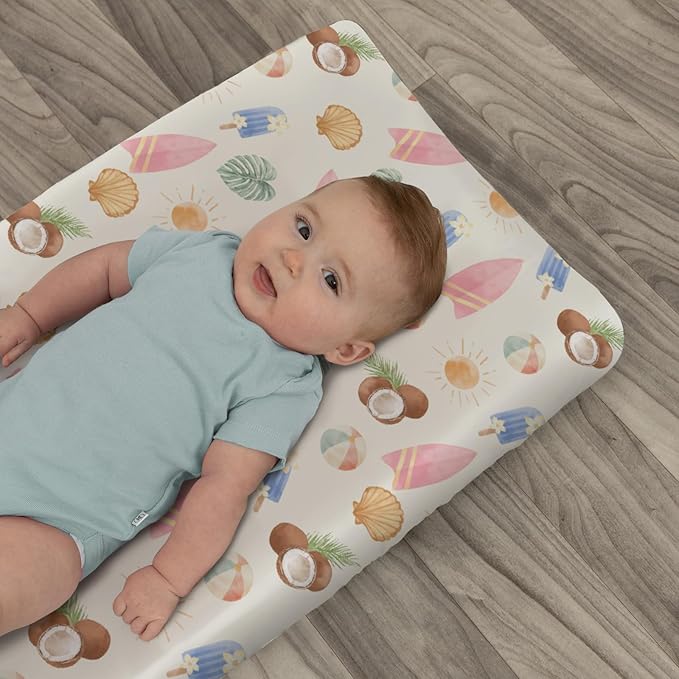 Neutral Summer Beach Changing Pad Covers for Baby Girls Boys Surfboard Coconut Seashells Sun Balls Fitted Change Table Pad Covers Mats Seaside Holiday Soft Diaper Changing Pad Sheets 32''×16''