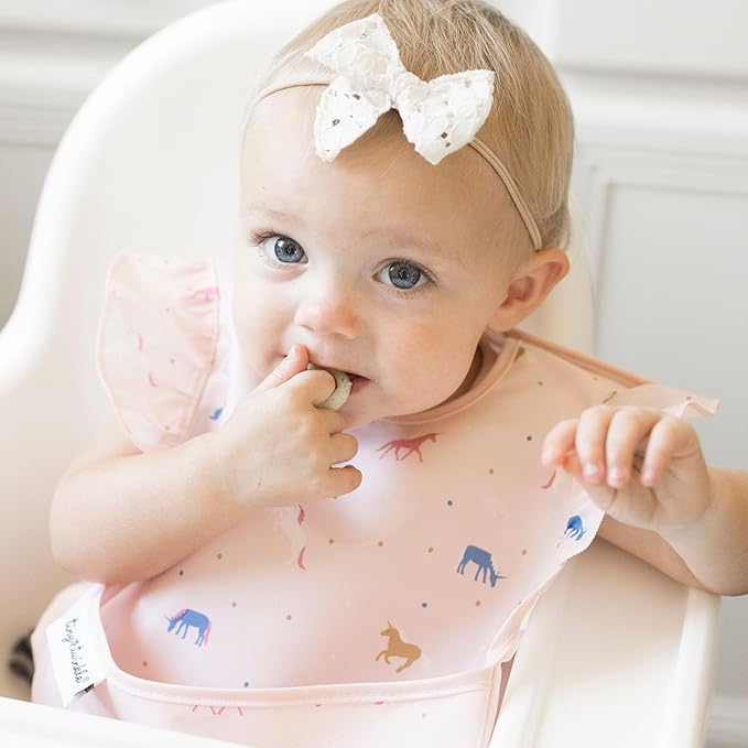 Tiny Twinkle Mess-Proof Baby Bibs for Eating | Waterproof, Wipeable Toddler Bibs with Catch-All Pocket | Feeding Bibs for Girls & Boys(3 Pack,Unicorn Set)