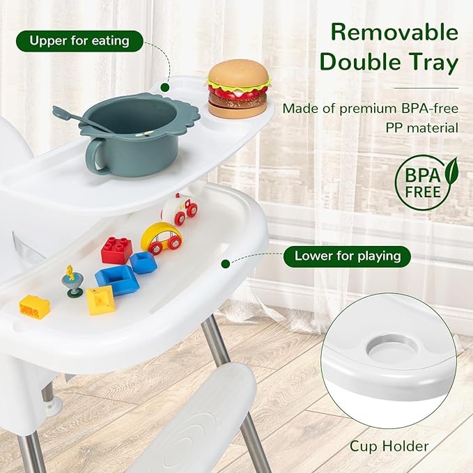 HONEY JOY Baby High Chair, 4 in 1 Convertible Highchair for Babies and Toddlers, Adjustable Legs, Double Removable Tray & Footrest, 3-Point Safety Harness for Infants Boys Girls (White)