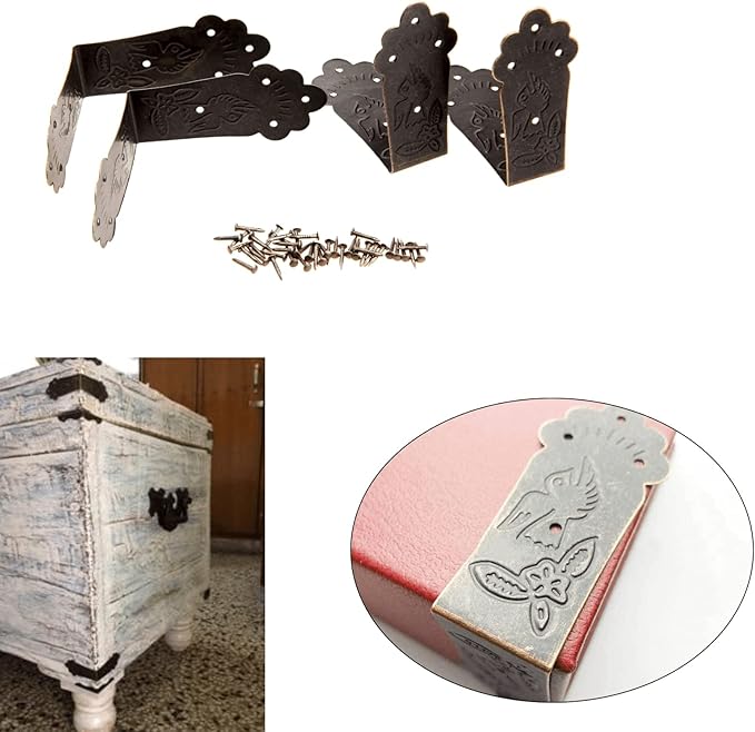 dophee 4Pcs Antique L Shaped Corner Guards, Embossing Decorative Edge Corner Bracket Protectors Cover with Mounting Screws for Chest Case Wooden Box - 2.17"x2.17"x0.98"