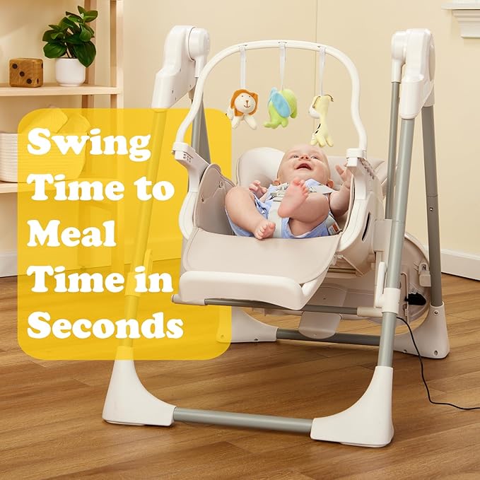 PrimoBaby SnuggleBug 2-in-1 Infant Swing & High Chair, Adjustable Seat Recline, Height, & Feeding Tray, App Control, Music & Nature Sounds, Toy Bar, Ergonomic Cushion, 5 Point Safety Harness
