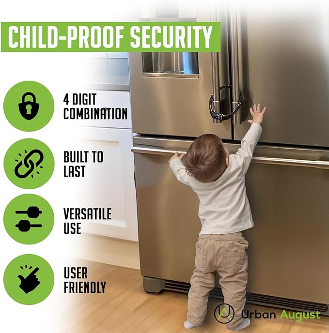 Urban August Refrigerator Lock for Kids & Adults, 4-Digit Code Fridge Lock for French-Door Refrigerators, & Versatile Cabinet (One)