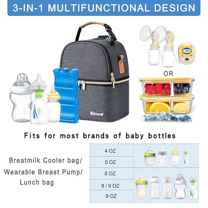 Breastmilk Cooler Bag with Ice Pack Fits 6 Baby Bottles up to 9 Ounce, Breastmilk Pump Cooler Bag with Shoulder Strap for Nursing Mom Daycare, Work, Travel- Grey