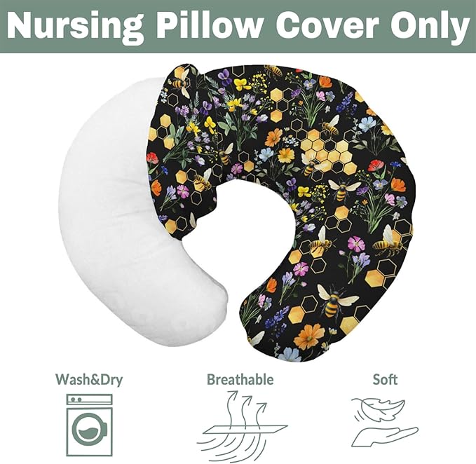 Boho Wildflower Bees Honeycomb Baby Nursing Pillow Covers for Boy Girl Watercolor Honeybee Floral Nursing Slipcovers for Breastfeeding Pillows Summer Soft Stretchy Removable Cover for Newborn Infant