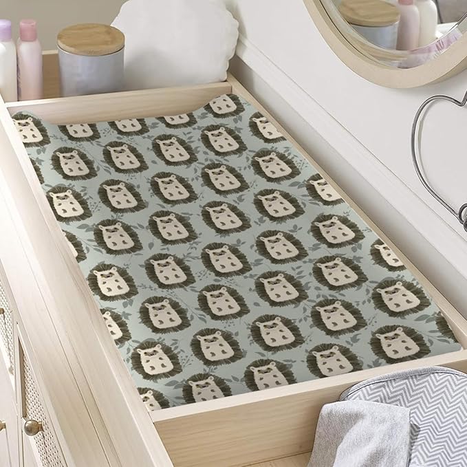 Cute Animals Baby Changing Pad Covers Baby Hedgehog Retro Green Leaves Diaper Change Table Sheets for Girl Boy Soft Stretch Fitted Changing Table Pad Mat Cover 32''x16''