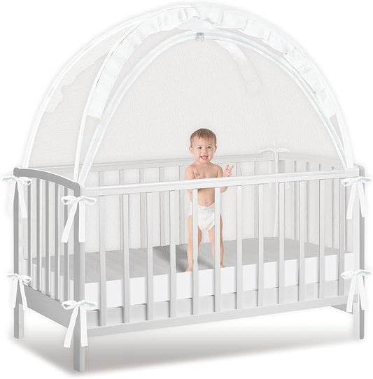Crib Tent to Keep Baby from Climbing Out, Crib Net to Keep Baby in - Mesh Climbing Prevention, Pop Up Tent with Two-Way Self-Locking Metal Zipper (White, Large)