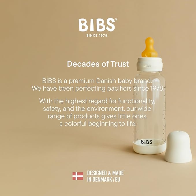 BIBS Baby Glass Bottle. 4 US fl oz / 120 ml. Anti-Colic. Vented Round Silicone Nipple. Supports Natural Breastfeeding, Slow Flow, Complete Set - Ivory