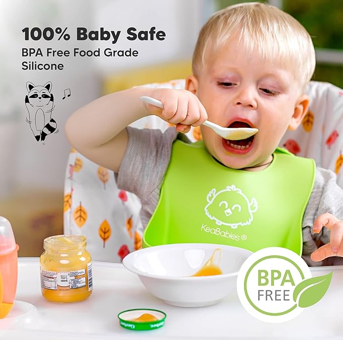 KeaBabies 12-Pack Baby Food Glass Containers and 2-Pack Baby Silicone Bibs - 4 oz Leak-Proof, Microwavable, Kids Food Storage Container, Waterproof, Easy Wipe Silicone Bib