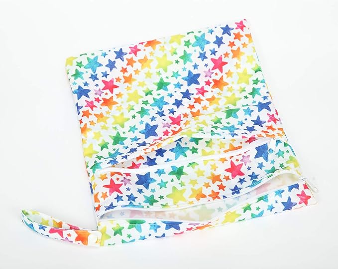 2 Wet Bags Waterproof With Two Zippered Pockets For Cloth Diapers (Jeans and Rainbow)
