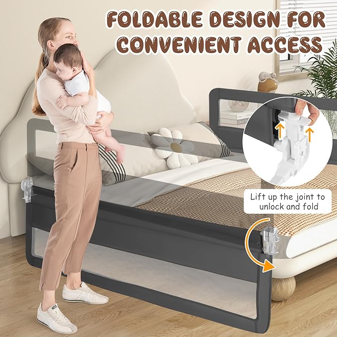 GLACER Foldable Bed Rail for Toddlers - 71" Bedrail w/Safety Straps, Child Lock & Removable Oxford Cover, Swing Down Baby Bed Rail Guard for Crib, Full, Twin, Double, Queen & King Bed (Grey, 2 Pack)