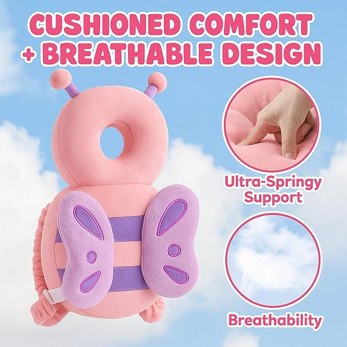 NAZO Baby Head Protector Backpack – Soft Infant Safety Pillow for Fall Protection – Cushions Toddler’s Head While Crawling and Walking – Baby Fall Back Support (Pink Butterfly)