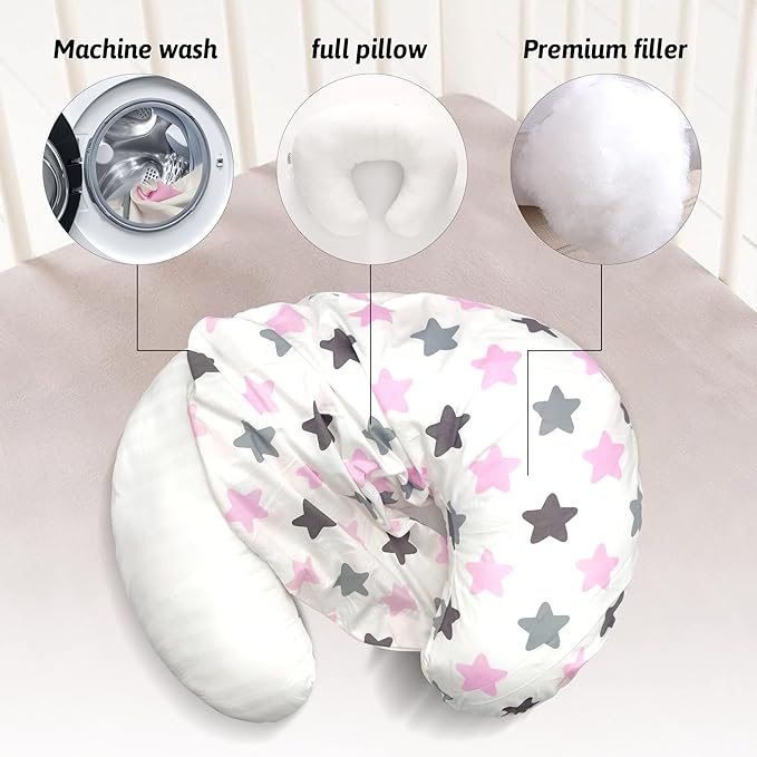LAT Nursing Pillow for Breastfeeding,100% Cotton Removable Cover,Ergonomic Breast Feeding Pillows for Mom and Baby,Machine Washable(Pink Stars)