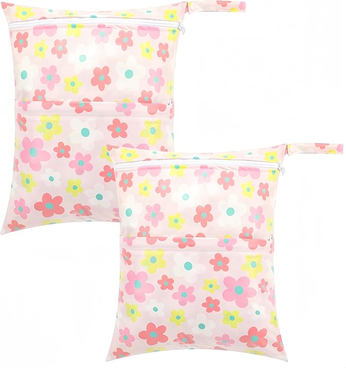 2-Pack Baby Wet Dry Bags Waterproof Reusable Diaper Bags with Two Zippered Pockets Travel Beach Pool Gym and Yoga Bag for Cloth Diapers Wet Clothes Swimsuits and Breast Pump Parts (Pink Flower Small)