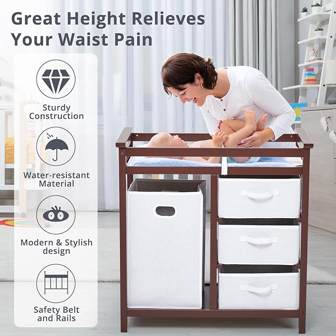 Garvee Wooden Baby Changing Table, Modern Diaper Changing Table, Infant Diaper Station Dresser with Laundry Hamper, 3 Drawer Basket- Storage Organizer for Baby Clothes, Diapers & Toys