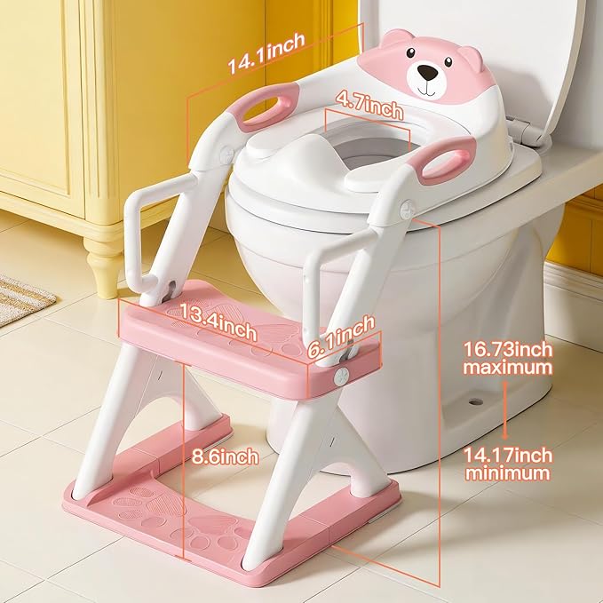 Potty Training Seat with Step Stool Ladder, Toddler Toilet Seat for Boys Girls, Adjustable 6 Heights Fits Round & Elongated Toilets, Anti-Slip Pads & Leak-Proof Guard, Pink