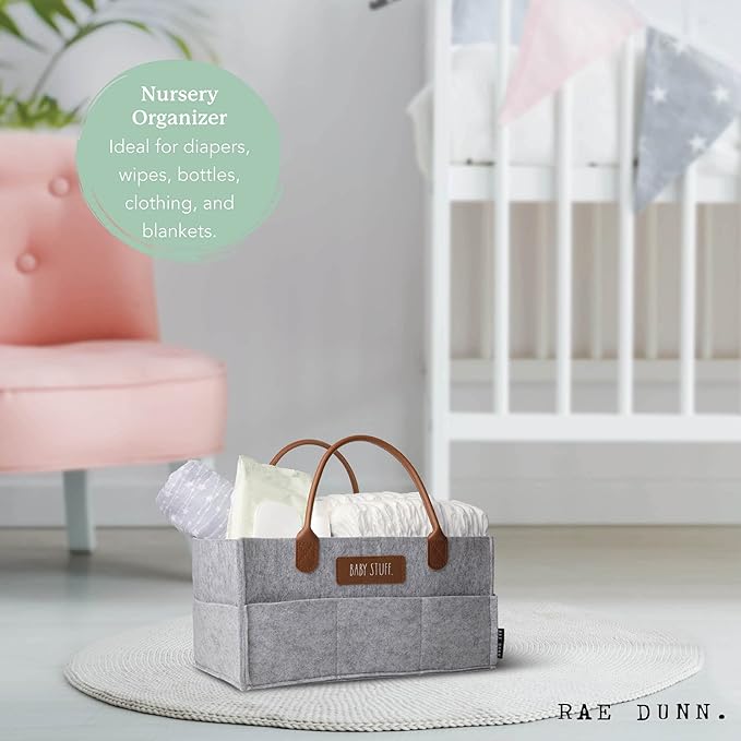Rae Dunn Baby Diaper Caddy Organizer, Nursery Storage for Changing Table and Car, Portable Basket for Items, Shower Gifts, Grey Felt With Leather Handles, Small