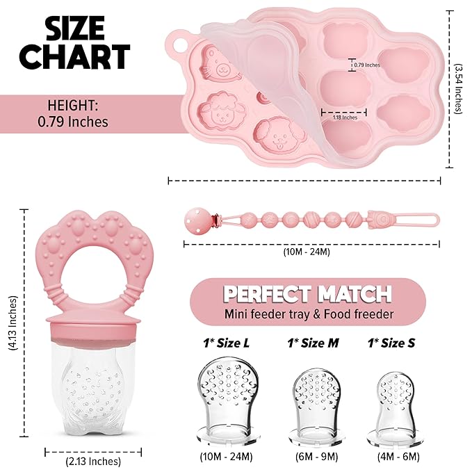 Set 1 : O’doe Silicone Baby Popsicle Molds & 1 Baby Food Feeders with 1 Clip, 1-Pack Freezer Tray with Lid, 10-Hole Popsicle Molds for Teething Relief, Includes 3 Extra Pacifiers, BPA Free (Pink)