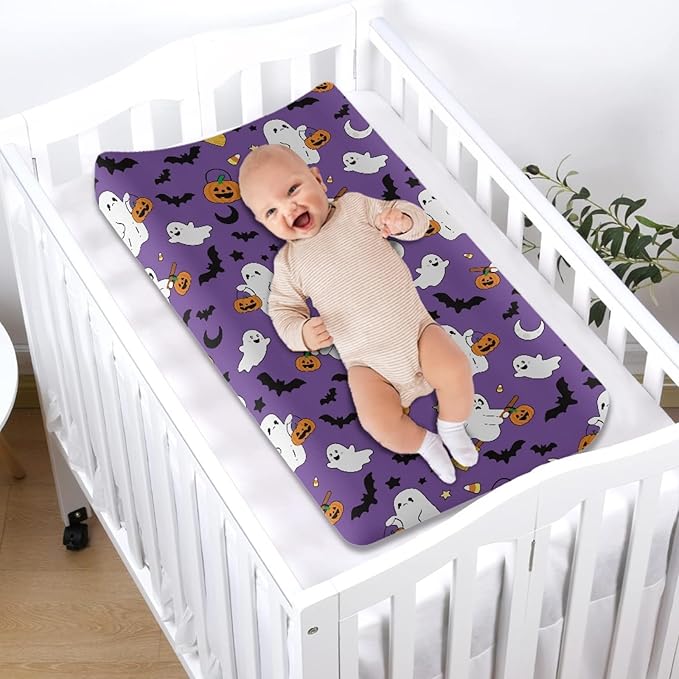 Ghost Pumpkin Baby Nursery Diaper Changing Pad Covers Halloween Change Table Cover Sheets for Newborn Boys, One Size, Breathable Soft Changing Table Covers