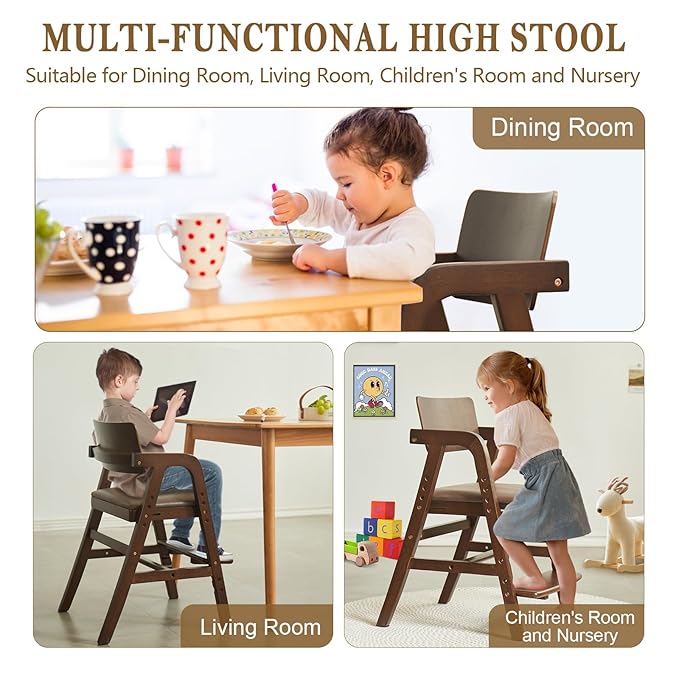 Solid Wood High Chair for Toddlers to Teens, Adjustable Height Toddler Dining Chair, Easy to Clean Toddler Highchair with PU Cushion for Dining, Studying, Step Stool, Walnut