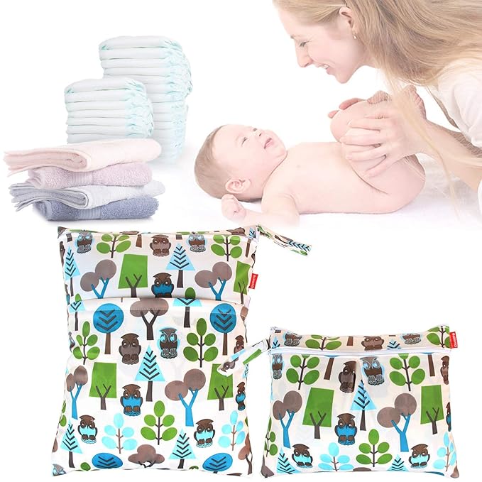 Damero 2pcs Travel Wet and Dry Bag, Reusable Wet Bags Organizer with Two Zippered Pocket for Cloth Diaper, Pumping Parts, Swimsuit and Gym, Green Forest