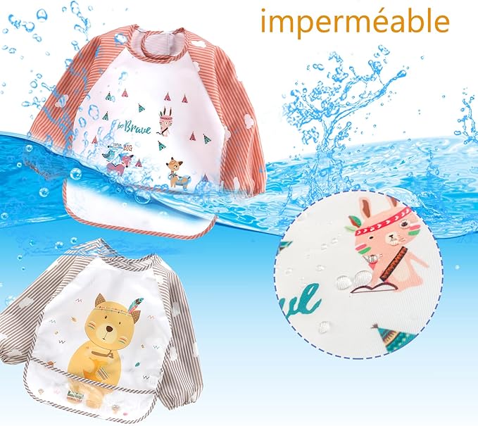 Waterproof Baby Bibs, 3 Pieces Bib with Sleeves EVA Long Sleeve Bib Boys Girls 6-36 Months, Waterproof Baby Bibs for Eating, Drinking, and Playing