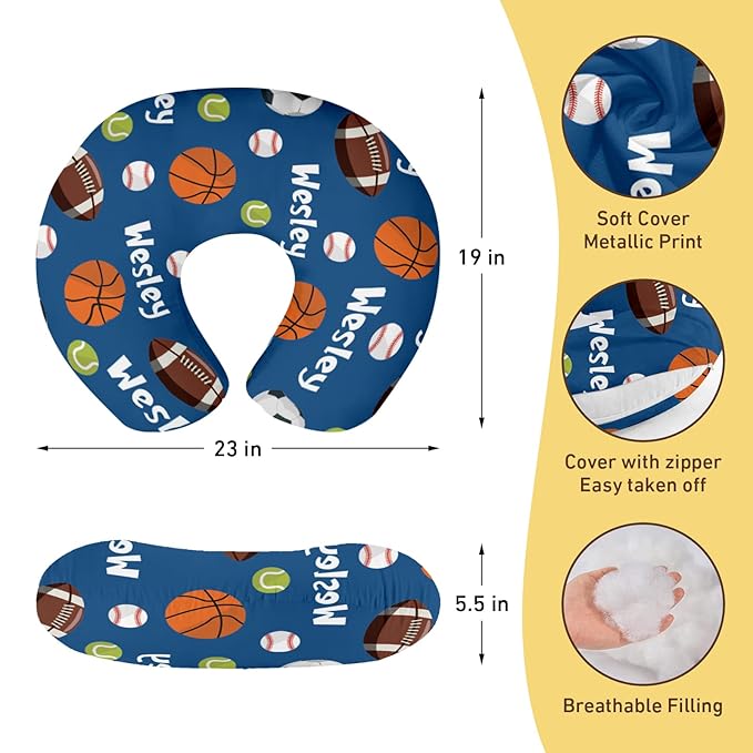 Baby Nursing Pillow Cover - Personalized Name Blue Balls Breastfeeding U-Shaped for Bottle Feeding, Ultra Soft Comfortable Breastfeeding Pillow Cover for Infant Baby Boys and Girls