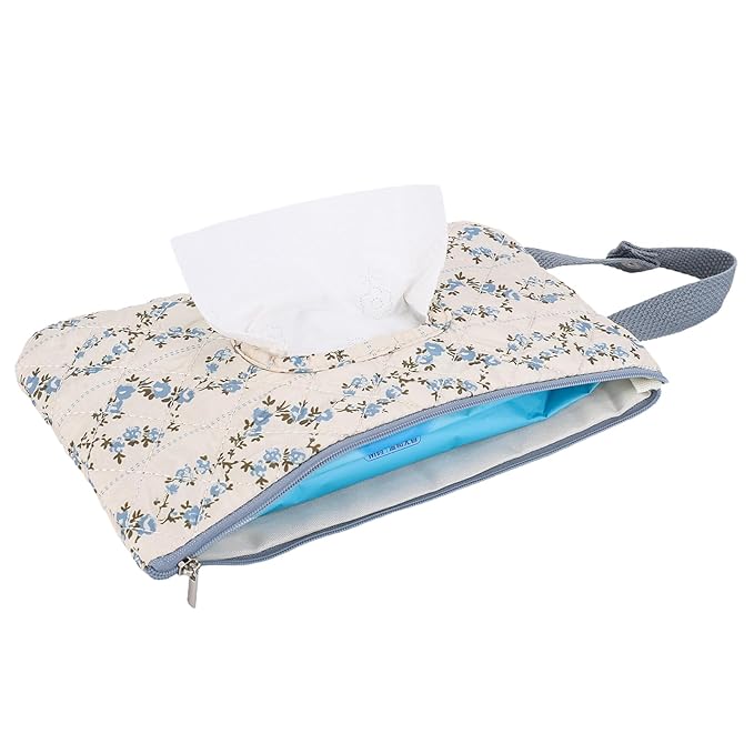 Quilted Baby Wipe Holder, Canvas Floral Quilted Pouch with Hanging Strap, Portable Diaper Wipe Holder for Travel Stroller-Blue Flower