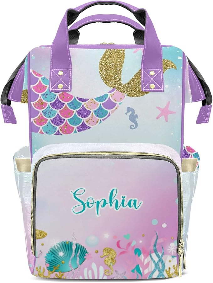 Mermaid Tail Gold Pink Purple Mommy Bag for Baby Girl Custom Diaper Bag Backpack Waterproof Multi-Function Travel Camping Picnic Diaper Carrying Bag