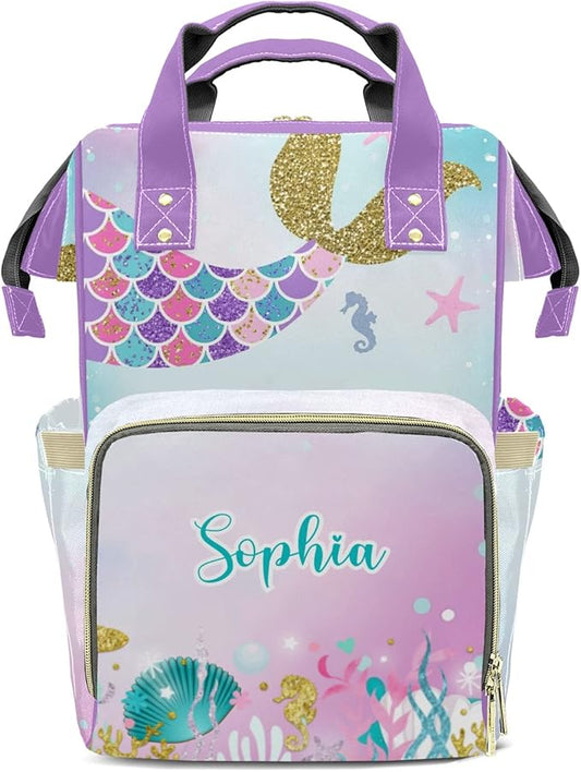 Mermaid Tail Gold Pink Purple Mommy Bag for Baby Girl Custom Diaper Bag Backpack Waterproof Multi-Function Travel Camping Picnic Diaper Carrying Bag