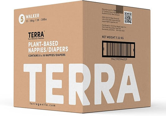 Terra Diapers Size 5: 85% Plant-Based Diapers, Ultra-Soft & Chemical-Free for Sensitive Skin, Superior Absorbency for Day or Nighttime Diapers, Designed for Toddlers 28-39 Pounds, 128 Count