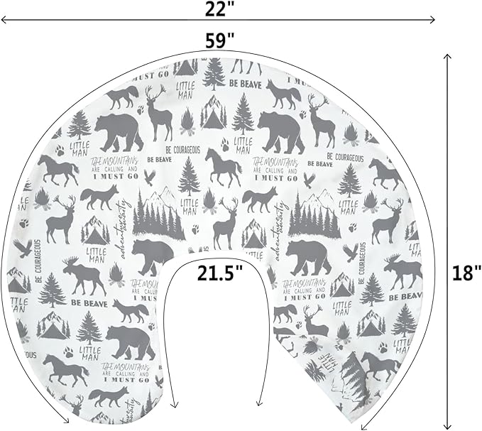 Gray Animals Nursing Pillow Covers for Boy Deer Bear Horse Trees Mountain Nursing Slipcovers for Breastfeeding Pillows Camping Adventure Soft Stretchy Removable Cover for Newborn Infant