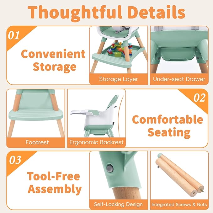 Babyliebe Baby High Chair, 8 in 1 Convertible Wooden High Chair for Babies and Toddlers, Converts to Booster Seat, Toddler Chair & Stool, with Removable Double Tray, Adjustable Legs & Footrest (Green)