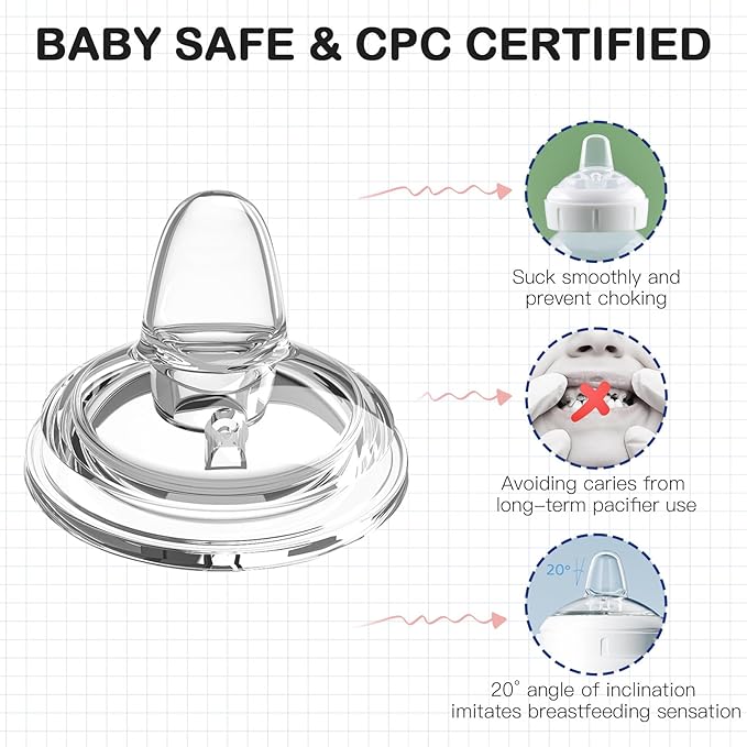 Sippy Spout Nipples for Dr. Browns Wide Neck Baby Bottles, Transition Straw Sippy Cup 100% Food Grade Silicone Soft Nipple, 6m+, Pack of 4