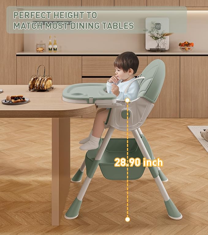 Baby High Chair, 5 in 1 High Chairs for Babies and Toddlers, Travel Foldable High Chair with Detachable PU Cushion, Double Removable Tray, Adjustable Height & Recline, Locking Wheels (Turquoise)