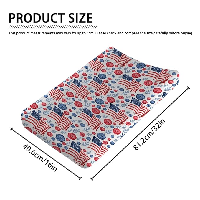 American Flag Blue Red Floral Diaper Changing Pad Covers for Boy Girl 32''x16'' Patriotic 4th of July Unisex Fitted Change Table Sheets Independence Day Soft Breathable Baby Changing Table Mats White