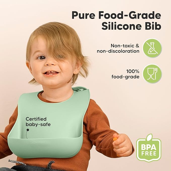 KeaBabies 2-Pack Silicone Bibs for Babies, Toddlers Girl, Boy – Sturdy Food-Grade Baby Bibs for Eating, Large Food Catcher, Clean & Put On Easily, Waterproof Toddler Feeding Essentials (Mellow)
