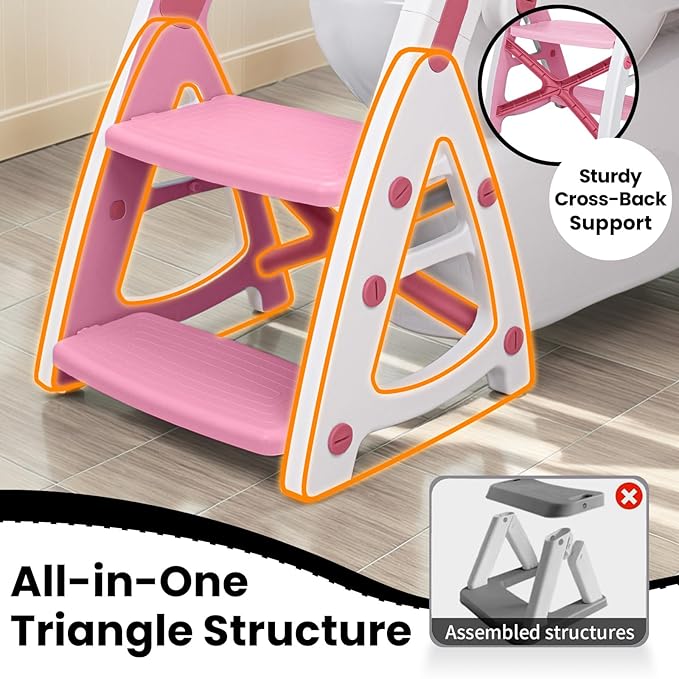 Potty Training Seat, Primlect Upgrade Ultra-Stable Toddler Toilet Seat for Kids Boys Girls, 2 in 1 Potty Training Toilet with Step Stool, Adjustable Seat and Ladder, Non-Slip Pad, Splash Guard(Pink)