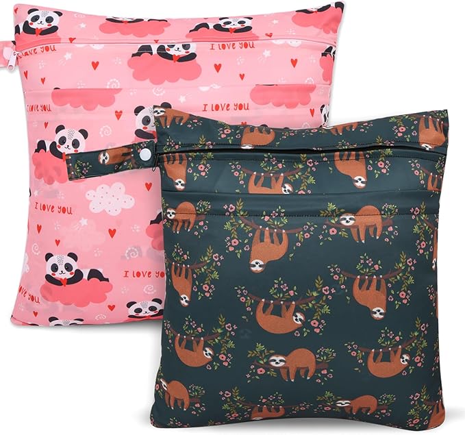 2pcs Cloth Diaper Wet Dry Bags, Waterproof Reusable Wet Bag with 2 Zipper Pockets & Handle, Washable Laundry Bags for Baby Adult Clothes Travel Beach Pool Daycare Yoga Gym Exercise Swimsuits,