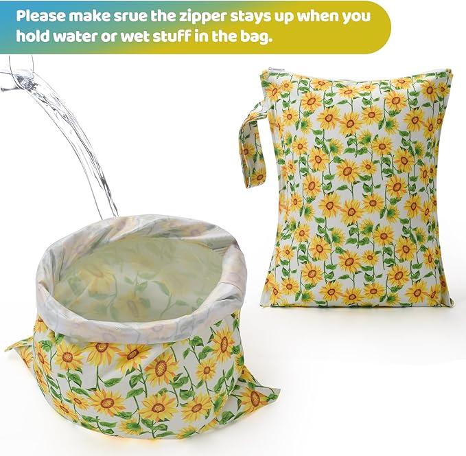 2PCS Waterproof Wet Bags for Baby Cloth Diaper,Reusable Travel Bags,Pump Parts,Beach,Pool,Gym Bag for Swimsuits&Wet Cloth Leak-proof Lightweight-Sunflower