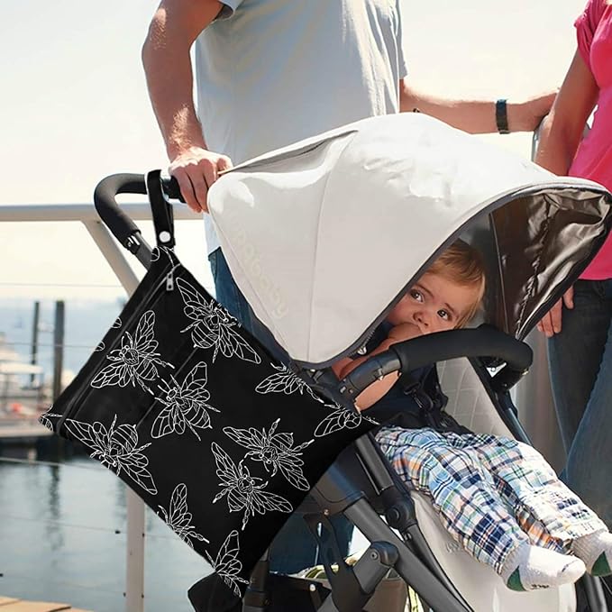 visesunny Black Bee Doodle 2Pcs Wet Bag with Zippered Pockets Washable Reusable Roomy for Travel,Beach,Pool,Daycare,Stroller,Diapers,Dirty Gym Clothes, Wet Swimsuits, Toiletries