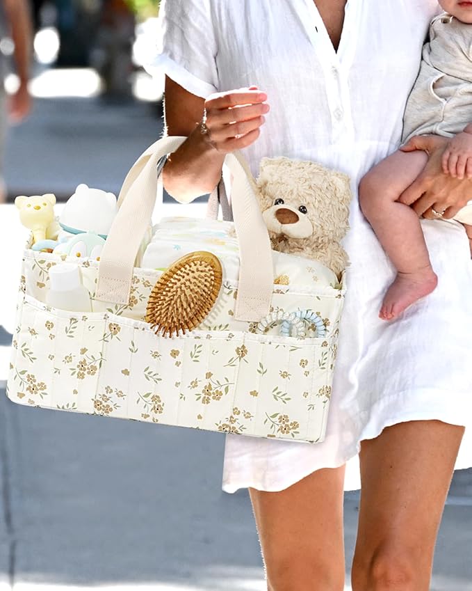 BuyCard Floral Baby Diaper Caddy Organizer, Large Quilted Nursery Storage Basket with Handle, Gift for Baby Shower, Newborn Parents Gift