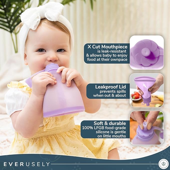 Everusely Reusable Baby Food Pouches for Toddlers - 2 Pack, 6 oz/180 ml, Lavender - Squeezable Silicone Food Pouch - Refillable, Leakproof, Spill Proof Puree Containers - BPA Free - Dishwasher Safe