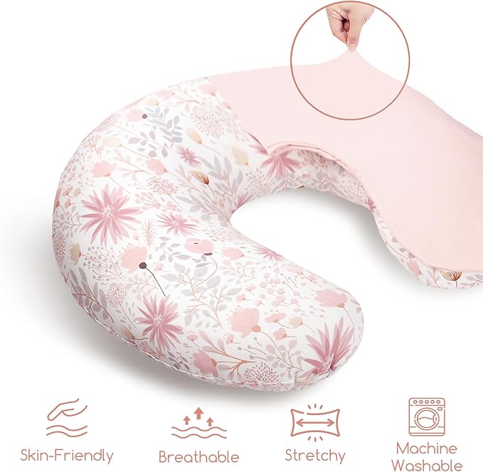 Nursing Pillow Cover 2 Pack, Breastfeeding Pillow Cover for Baby Girls Boys, Soft Stretchy Nursing Pillowcase for Infant Newborn, Removable Slipcover for Nursing Pillows, Pink Floral (Only Cover)