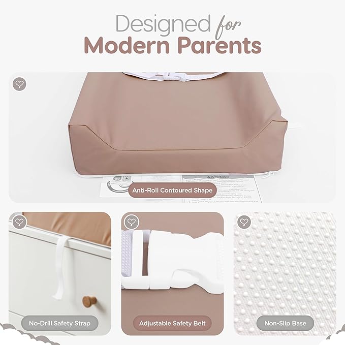 Waterproof Vegan Leather Contoured Baby Changing Pad | Wipe-Clean PU Leather Diaper Change Mat, Soft, Wipeable Removable & Washable Cover, Non-Slip Bottom, Standard Infant Diaper Table & Dresser Tan