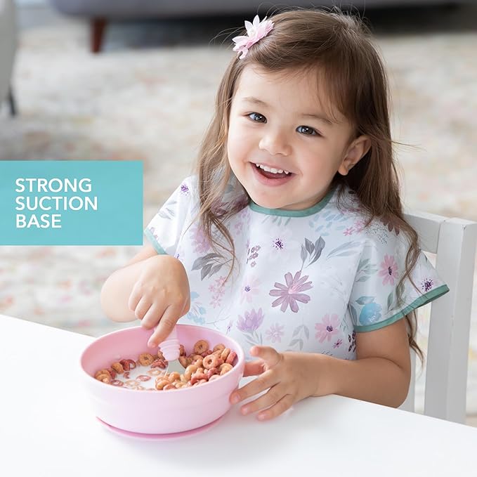 Bumkins Baby Bowl, Silicone Suction, for Babies, Toddlers and Kids, Baby Led Weaning, Feeding Essentials, Platinum Silicone, Non Skid Sticky Bottom, Supplies for Children Ages 6 Months Up, Pink