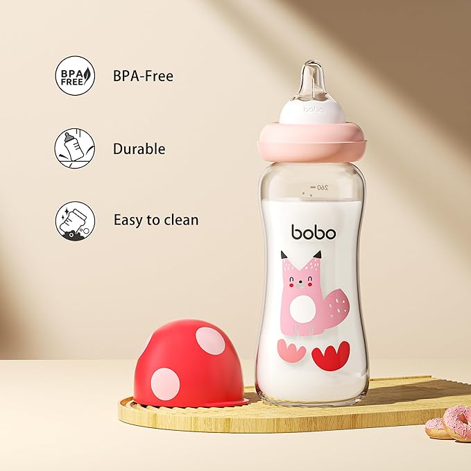 YOHKOH Natural Glass Baby Bottle with Level 2 Medium Flow Nipple, Newborn Anti-Colic Baby Bottles, Wide Neck Mushroom Baby Glass Bottle (8.8ounce (Pack of 2), Red2)