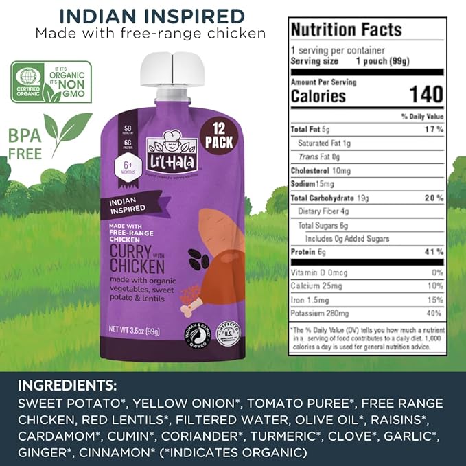 Li'l Hala Chicken Baby Food Meat Pouch | Indian Curry (12 ct) | 6+ Months Savory Baby Food Pouches with Protein and Organic Veggies, Toddler Snacks with Iron & Fiber | Stage 2 Meat Puree