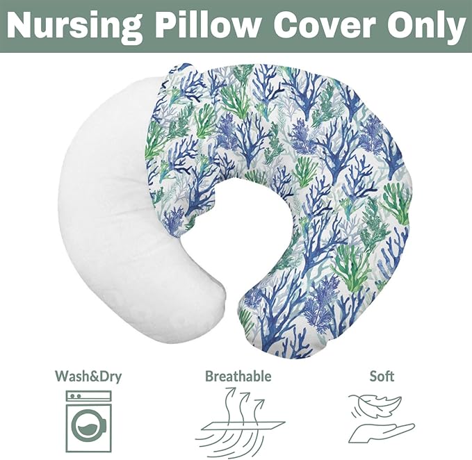 Blue Green Coral Reef Baby Nursing Pillow Covers for Boy Girl Watercolor Coastal Nursery Feeding Pillowcase for Breastfeeding Pillows Nautical Sea Plant Soft Stretchy Covers for Newborn Infant