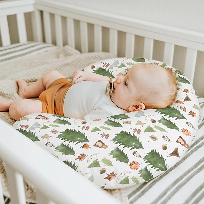 Camping Animals Baby Nursing Pillow Covers for Boy Girl Bear Bunny Hedgehog Green Trees Nursery Pillowcase for Breastfeeding Pillows Wildlife Adventure Soft Stretchy Slipcovers for Newborn Infant