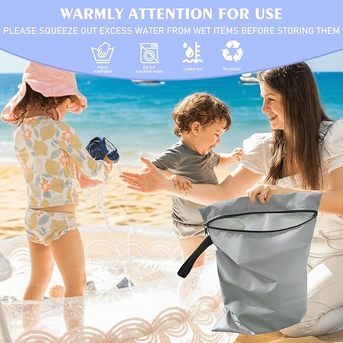 Wet Dry Bags 3 Pack,12x16 Inch Waterproof Reusable Wet Bag For Baby Diapers Swimsuit Wet Clothes Travel Beach Pool Gym,Durable Polyester Fabric,Waterproof Seal Strip Inside,Handle and Zipper,Blue